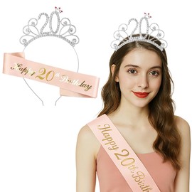 20th Birthday Crown Sash, 20th Birthday Women Decoration Sash and Tiara, Rose Gold 20th Birthday Gifts Crown for Birthday Party, for 20th Birthday Decoration Gift and Women Party Accessories