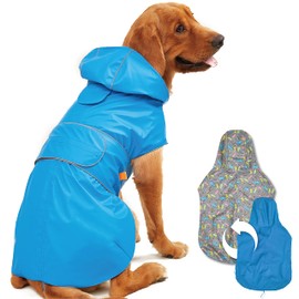 Kimee Dog Raincoat Reversible, Single Side Slicker Poncho Adjustable Waterproof Dog Rain Jacket with Leash Hole/Reflective Stripe Hooded Snowproof Windproof Clothes for Small to 3X-Large Dogs, 2XL