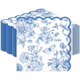 Willinglong 100 Pcs Blue and White Floral Paper Napkins Bulk Blue Disposable Scalloped Edged Cocktail Dinner Flower Napkins for Wedding Bridal Baby Shower Tea Party Decorations, 13 x 13 Inch