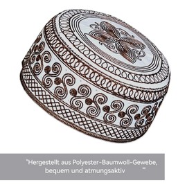 HIQIU Men's Muslim Islamic Prayer Kufi Hat Arabic Indian Hat Beanie Cap Embroidery Flat Prayer Hat, light brown