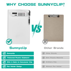 Sunnyclip Clipboard with Pen Holder & Calculator, [20% Thicker & Durable] Plastic Clip Board with Side Ruler, 9x13 Hanging Contractor Clipboard for Letter Size/A4 Paper, for Work, Office, School