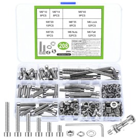 208 Pcs M6 Bolts and Nuts Set, Stainless Steel Nuts and Bolts Assortment, Hex Socket Head Cap Screws Set, Hexagon Machine Screws and Washers Kit for DIY Bicycle Motorcycle Repair (208, M6)
