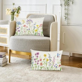Bonhause Spring Floral Cushion Covers 30 x 50 cm Garden Flowers Birds Polyester Linen Decorative Throw Pillow Covers for Sofa Couch Bed Home Outdoor Decor Set of 2