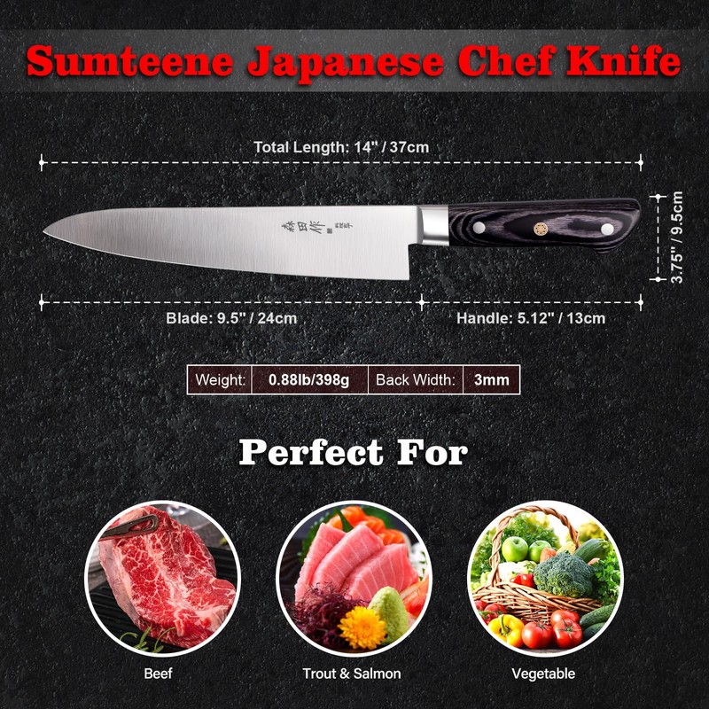 Japanese Chef Knife 9.5 inches, Professional Sushi Knife with Pakkawood