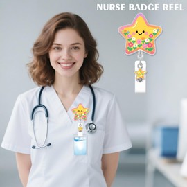 Cute Flower Star Badge Reel for ID Card, Cute Retractable Nurse Flower Star Alligator Clip Badge Reel for Women, ID Name Tag Badge Holder for Office School Hospital Nurses Doctors Teachers