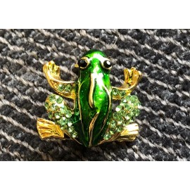 Frog Brooch pin black & green rhinestones green enamel 1"x1" frog  GIFT #5