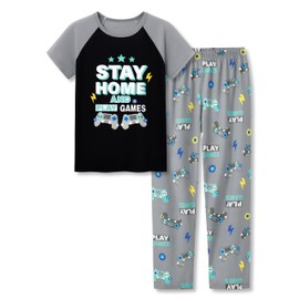 Tebbis Pajamas For Big Boys Games Black & Gray Short Sleeves & Pants 2-Piece PJs Set Children Soft Sleepwear Size 16