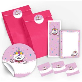 JuNa-Experten 12 Gift Bags / Pink + 12 Stickers + 12 Bookmarks + 12 Mini Notepads Unicorn Cat / Party Bags Favours for Children Girls Children's Birthday Party Accessories Giveaways