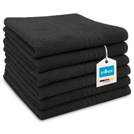 ZOLLNER Set of 6 Hand Towels in 50 x 70 cm – Absorbent Shower Towels in Black – with Practical Hanger – with Modern Draft Strips – Washable up to 60 °C – Cotton – Hotel Quality