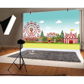 Yeele 8x6ft Fairground Photo Backdrop Cartoon Circus Carnival Playground Carousel Ferris Wheel Ticket Amusement Park Background for Photography Kids Girl Boy Baby Portrait Booth Shoot Studio Props