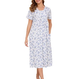 Vlazom Women's Long Nightgown Pleated Casual Nightdress Short Sleeve Soft Nighties Nightwear with Pockets,Cobalt Blue Flower,XXL