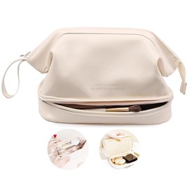 Large Capacity Cosmetic Bag Portable Travel Make Up Bag Multifunctional Toiletry Bag with Divider Bag Organiser Travel Makeup Bag with Makeup Brush Compartment Double Layer Cosmetic Bag for Women,