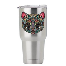 Paisley Cat Face Black Outline - 3 Inch Tall Full Color Decal for Stainless Steel Tumbler - Proudly Made In The USA From Adhesive Vinyl (Tumbler NOT included)