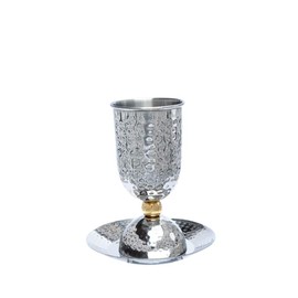 Yair Emanuel Hammered Kiddush Stem Cup with Saucer - Brass