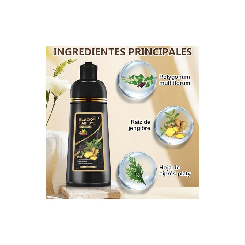 4 en 1 para Champú Colorante, Shampoo Tinte 500ml (Negro)