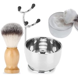 Juego de afeitado de barba para hombres, tazón de jabón profesional de acero inoxidable + soporte para bastidor de afeitado + brocha de afeitar para cabello Herramienta de afeitado