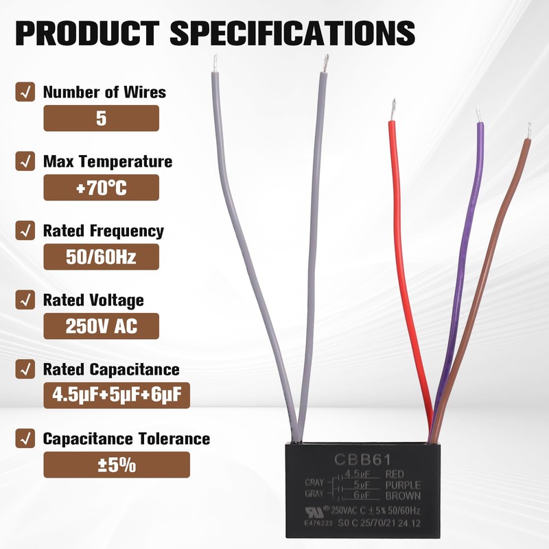 Podoy Ceiling Fan Capacitor CBB61 5 Wire for Compatible with