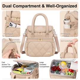 Weitars Lunch Bag for Women Men,Double Deck Lunch Box for Women,Quilted Lunch Tote for Work,Insulated Lunch Cooler Leakproof Lunchbox for Adult with Shoulder Strap &Pockets for Picnic Hiking (Khaki)