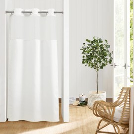 River Dream Stall No Hooks Needed,White Fabric Shower Curtain for Bathroom,Hotel Quality Shower Curtain with Window,Machine Washable,Water Repellent,36" Wx74 H Stall Size