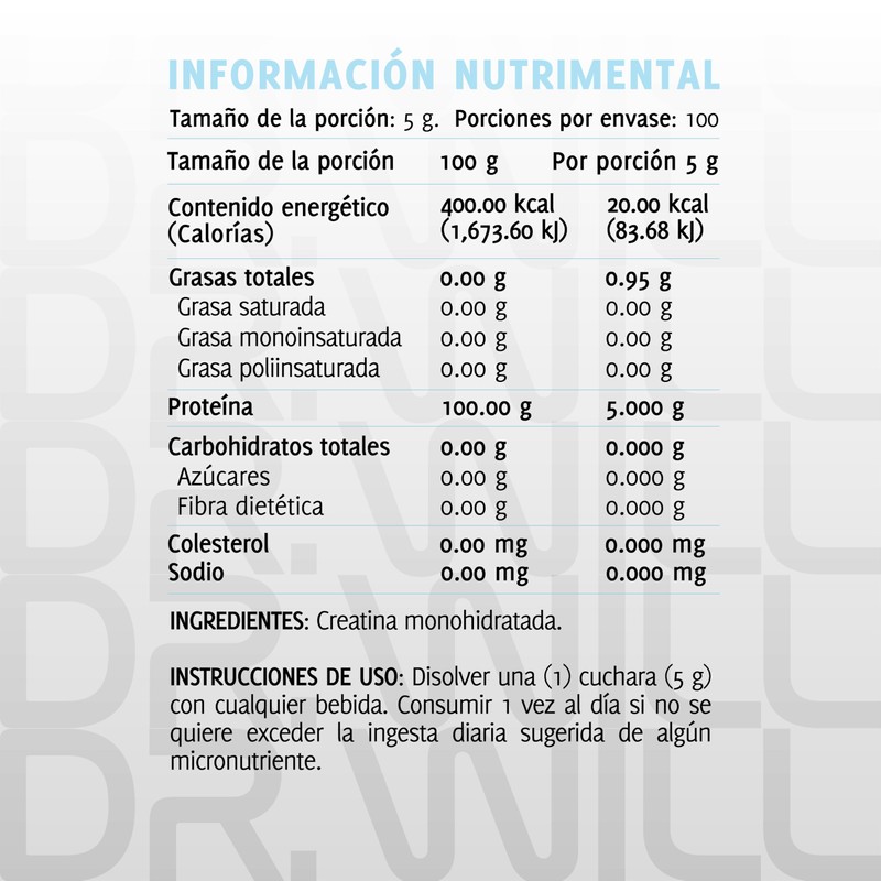 Dr Will Creatina Monohidratada, Suplemento Alimenticio sin Sabor, 500g, 100