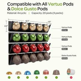 LifeMoreasy Magnetic Coffee Pods Holder for Nespresso Vertuo & Dolce Gusto, Self-Adhesive Wall Mounted Capsule Organizer for Kitchen Cabinet Fridge(4 Packs for 20 Pods)