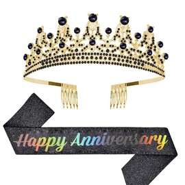 Tiara for Women Anniversary Happy Anniversary Tiara and Sash Set for Celebration Party Supplies Gifts Favors and Decorations Black Crowns for Women Gifts