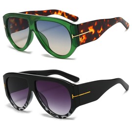 QYVEWY Trendy Oversized Aviator Sunglasses for Women Men Square Thick Frame Lagre Sun Glasses UV400 Protection (Leopard Green/Black Leo Grey)