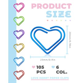 YETOOME 105 Pcs Heart Paper Clips, Cute Love Shaped Paper Clips Metal Paper Clips Bookmarks for Students, Kids, Teachers (6 Colors)