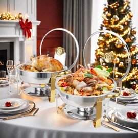 Takywep Chafing Dishes for Buffet Set of 2, 5QT Buffet Servers and Warmers, Round Catering Food Warmers Stainless Steel Chafing Dish Buffet Set with Glass Lid & Lid Holder for Parties Events, Gold