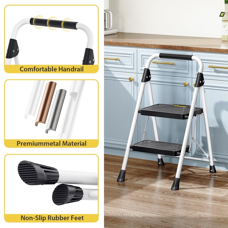 KINGRACK Sturdy Steel 2 Step Ladder, Folding Step Stool with