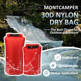 MONTCAMPER 2-pack 30D Nylon Waterproof Dry Bag-Portable Storage Sack for Kayaking, Hiking and Rafting-Roll Top Closure-Float on Water(5L/20L,Red)