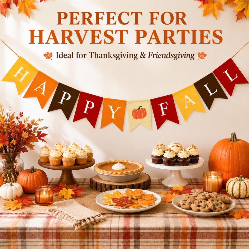 Adurself Happy Fall Burlap Banner with Pumpkin, Pre-Strung Faux Burlap