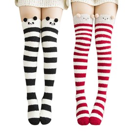 Wander G Womens Over Knee High Fuzzy Socks Cute Cartoon Thigh High Stockings Warm Stripe Leg Warmers