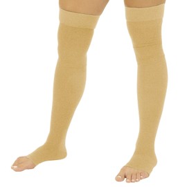 TruCompress Calcetines de compresión transparentes para mujeres y hombres, tratamiento para piernas, medias altas hasta el muslo, manga abierta en la pierna, Beige, Small