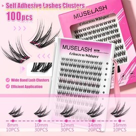 MUSELASH Pestañas autoadhesivas, racimos de pestañas naturales, kit de racimos de pestañas finas, kit de racimos de pestañas autoadhesivas preencoladas de 8-16 mm, curvatura C, extensiones de pestañas