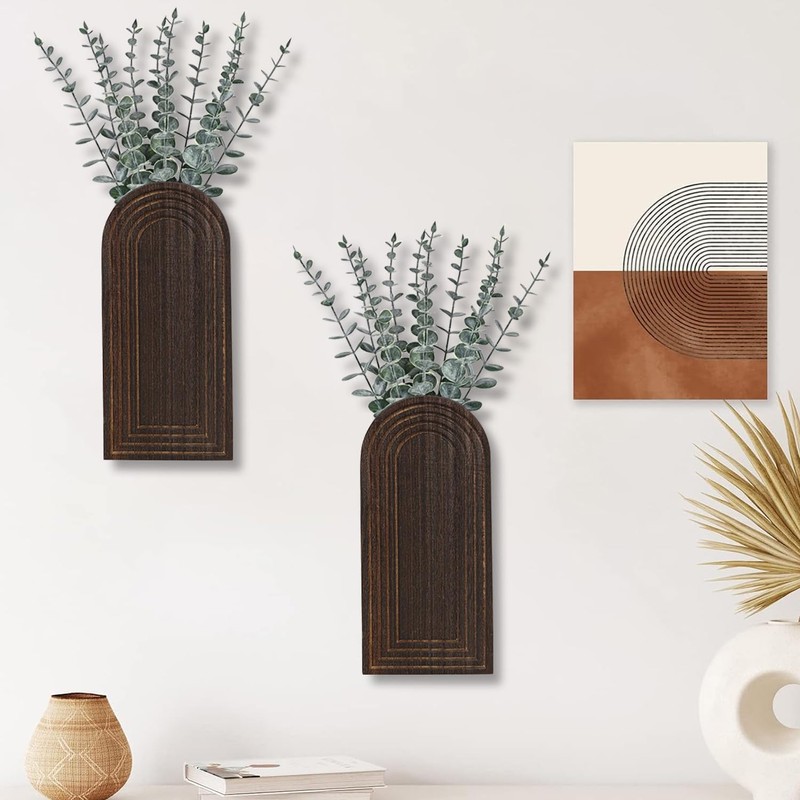 Dnnnii 2 Pack Wooden Wall Vase Set - Dark Brown
