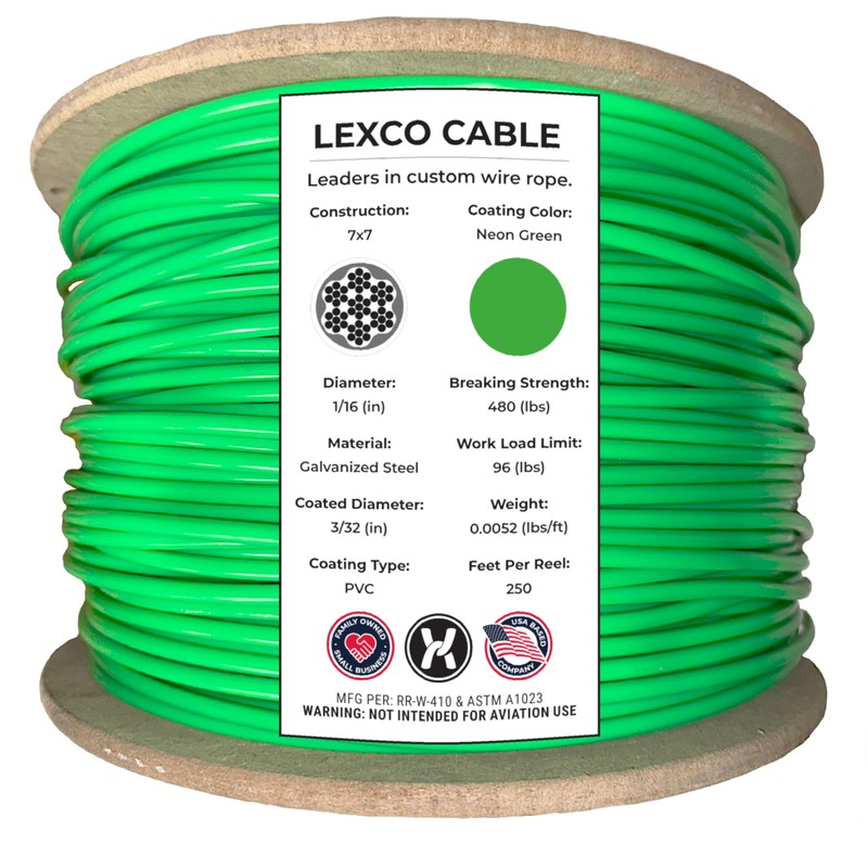 Lexco Cable 1167332CCNG 250' Spool of 3/32" Neon Green PVC