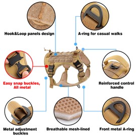 Plutus Pet Tactical Dog Harness with All Metal Buckles, Adjustable, No-pull Service Dog Vest with Molle System for Small Medium Large Dogs (Khaki, L)