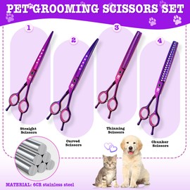 Dream Reach 7" Dog Grooming Scissors Kit, Professional 6 in 1 Dog Scissors Sharp and Durable Shears Set Thinning, Chunker, Straight, Curved Shears and Comb for Dog Cat Pet, Purple