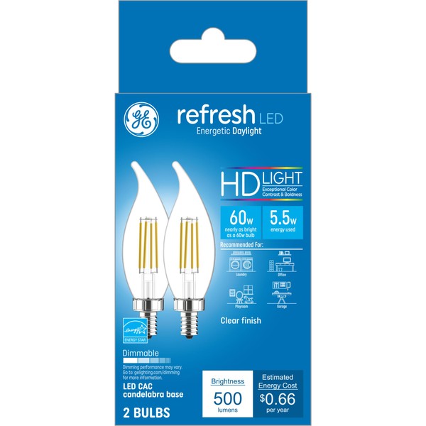 GE Refresh HD LED Light Bulbs, 60 Watt, Daylight, Decorative Bulbs, Clear, Small Base (2 Pack)