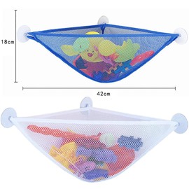 AUMA Bath Toy Organizer Mesh Storage Bag, 2 Pack Baby Shower Toys Bathtub Net Bag Kids Quick Dry Bathtub Mesh Net Bathtub Toy Holder , 6 Strong Suction Hooks, White+Blue