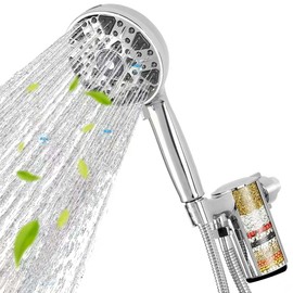 7-Mode Filtered Handheld Shower Head with Power Wash, ABS Leak-Proof High Pressure Showerhead | 5ft Stainless Steel Shower Hose, Hard Water Filter Removes Chlorine for Healthier Skin & Hair, Chrome