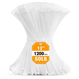 RAZCC Zip Ties, RAZCC 1200pcs Cable Zip Ties 12 Inch, Heavy Duty White Plastic Wire Ties with 50lb Tensile Strength, Self-Locking Nylon Cable Ties, Wire Management for Indoor and Outdoor
