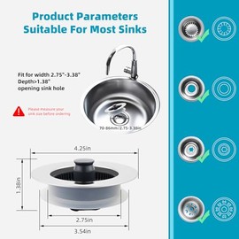 Hibbent 3 in 1 Kitchen Sink Drain Strainer, Stainless Steel Wrapped Shell Drain Stopper Combo, Pop Up Sink Stopper, Anti-Clogging Basket Strainer with Handle for US Standard 3-1/2" Drain