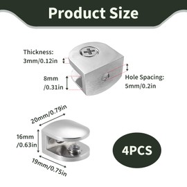 Pack of 4 Glass Holders, Stainless Steel, Adjustable Glass Clamp, Zinc Alloy Glass Holder, Clamp Fixing Glass Holder for 8-10 mm Thick Glass, Shelf Bracket for Bathroom, Living Room, Hotel