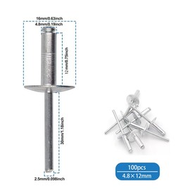 Pack of 100 Aluminium Blind Rivets with Large Flange, Metal Fastening Pressure Rivets, Large Head Dome Rivets with Aluminium Body and Steel Mandrel Rivets for Tinplate, Pack of 100 (4.8 mm x 12 mm)