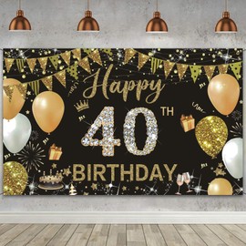 WVMNQO Happy Birthday Banner, 40th Birthday Decorations Backdrop, Extra Large Black Gold Party Decorations, Perfect Birthday Party Supplies Photography Background for Men, and Women, 180x110cm