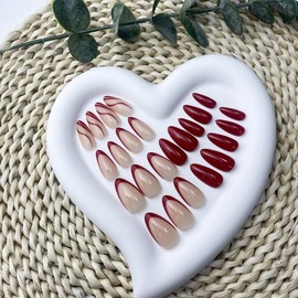 Red Press On Almond French Tip Glue On Stripe Stick On Glossy Nude Full Cover Acrylic Nails for Women and Girls - 24pcs