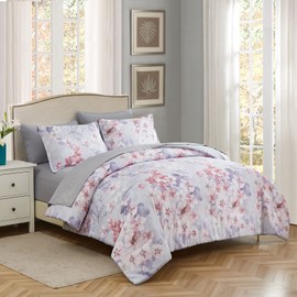 DHSFKBE 7 Piece Bed in a Bag Floral Comforter Set, Botanical Flowers Comforter and Sheet Set, Soft Microfiber Lightweight Bedding Comforter Set for All Season(Pink Floral, King)