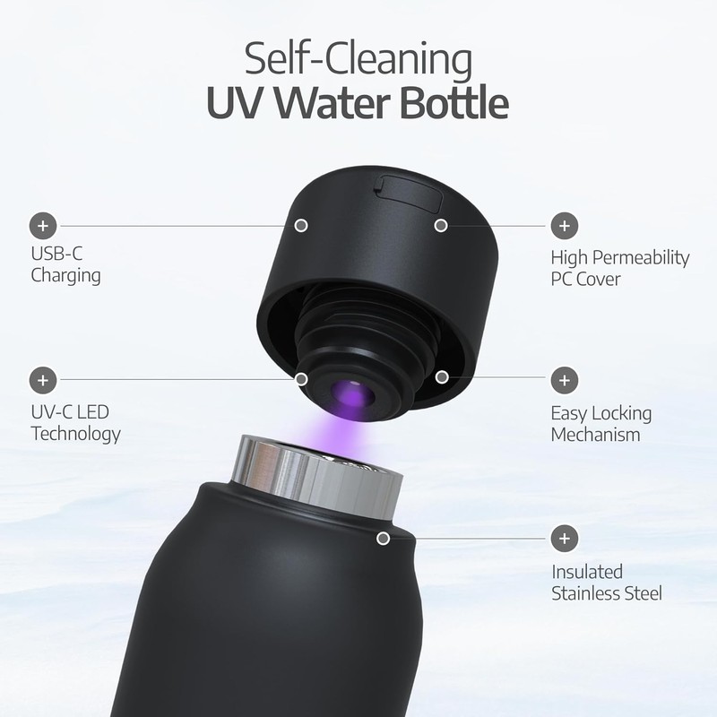 UV self-Cleaning and Water-Purifying Bottle TT-B02-18.6 Ounce Insulated Rechargeable Stainless-Steel